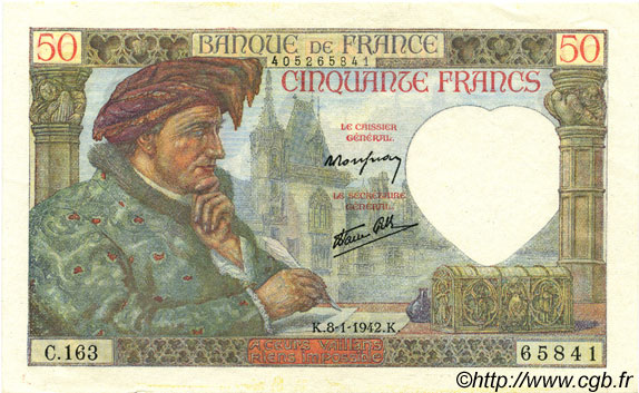50 Francs JACQUES CŒUR FRANCE  1942 F.19.18 SPL