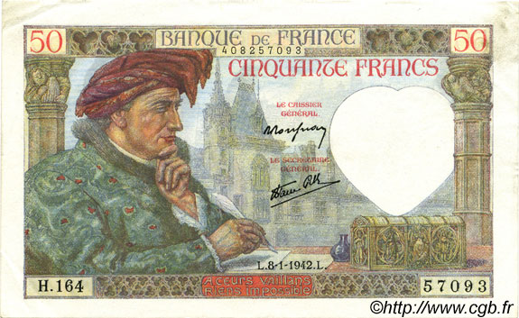 50 Francs JACQUES CŒUR FRANCE  1942 F.19.18 pr.SPL