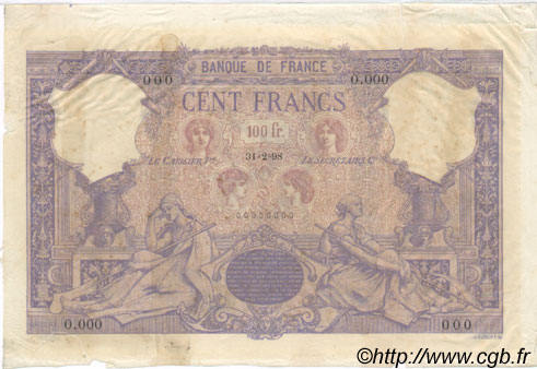 100 Francs BLEU ET ROSE Spécimen FRANCE  1898 F.21.00Ec2 TTB+