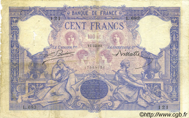100 Francs BLEU ET ROSE FRANCE  1889 F.21.02a B+