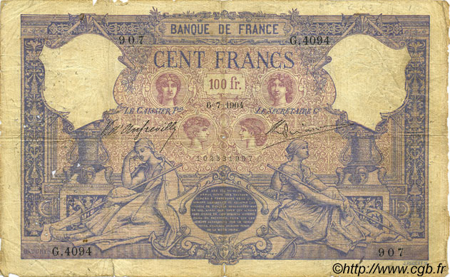 100 Francs BLEU ET ROSE FRANCE  1904 F.21.18 B+