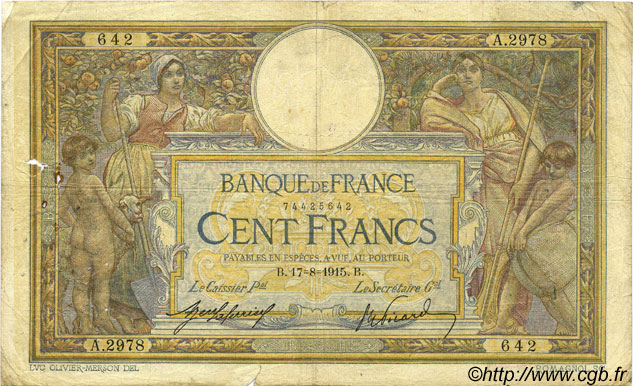 100 Francs LUC OLIVIER MERSON sans LOM FRANCE  1915 F.23.07 B+
