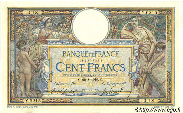100 Francs LUC OLIVIER MERSON sans LOM FRANCE  1919 F.23.11 SUP