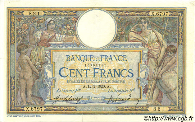 100 Francs LUC OLIVIER MERSON sans LOM FRANCE  1920 F.23.12 TTB+