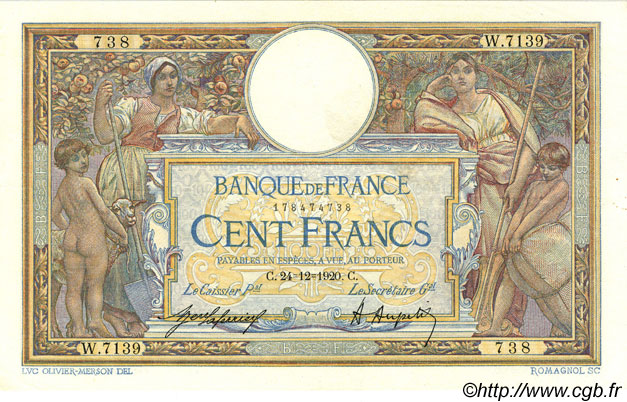 100 Francs LUC OLIVIER MERSON sans LOM FRANCE  1920 F.23.13 SUP