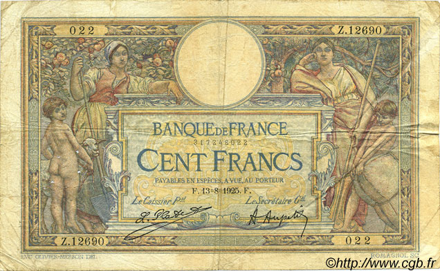 100 Francs LUC OLIVIER MERSON grands cartouches FRANCE  1925 F.24.03 B+