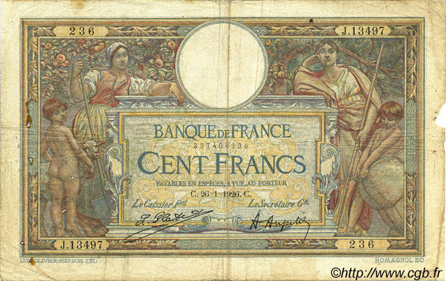 100 Francs LUC OLIVIER MERSON grands cartouches FRANCE  1926 F.24.04 B
