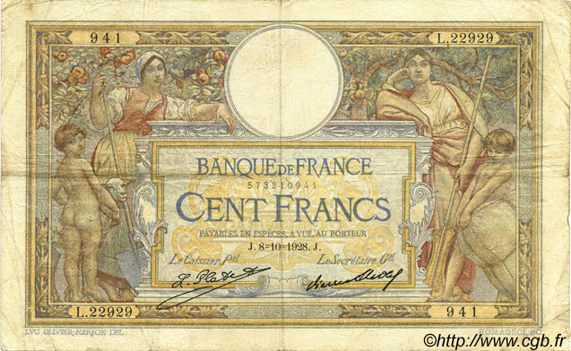 100 Francs LUC OLIVIER MERSON grands cartouches FRANCE  1928 F.24.07 TB