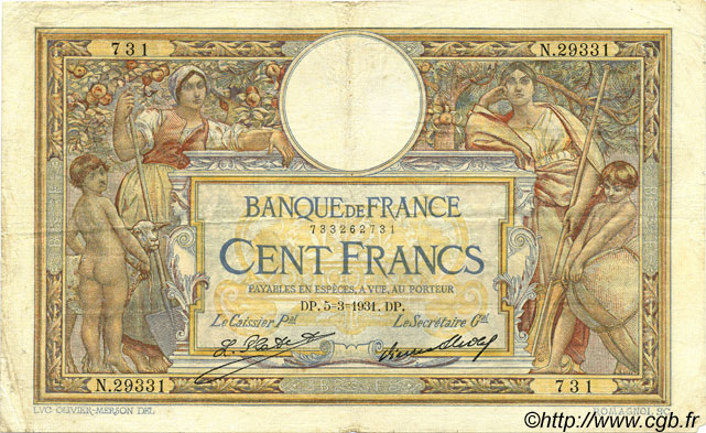 100 Francs LUC OLIVIER MERSON grands cartouches FRANCE  1931 F.24.10 TB+