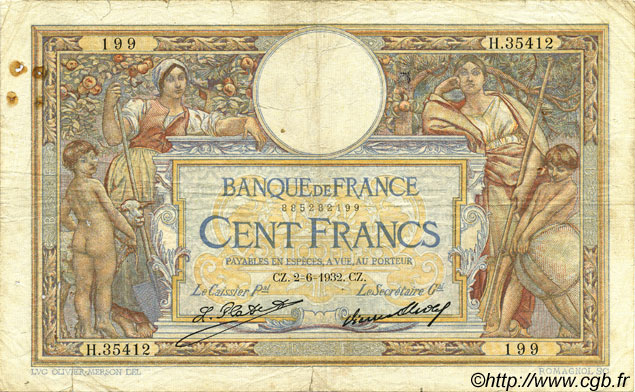 100 Francs LUC OLIVIER MERSON grands cartouches FRANCE  1932 F.24.11 pr.TB