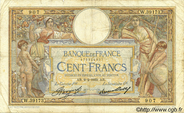 100 Francs LUC OLIVIER MERSON grands cartouches FRANCE  1933 F.24.12 B à TB