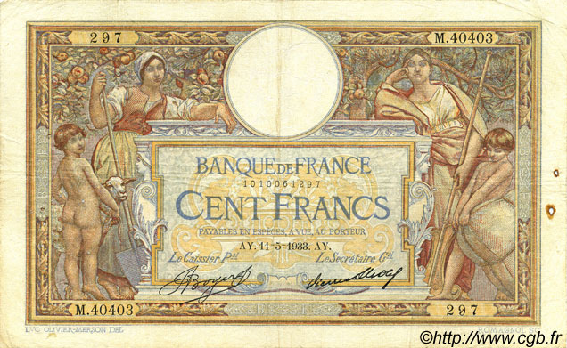 100 Francs LUC OLIVIER MERSON grands cartouches FRANCE  1933 F.24.12 TB