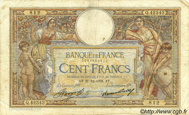 100 Francs LUC OLIVIER MERSON grands cartouches FRANCE  1933 F.24.12 B+