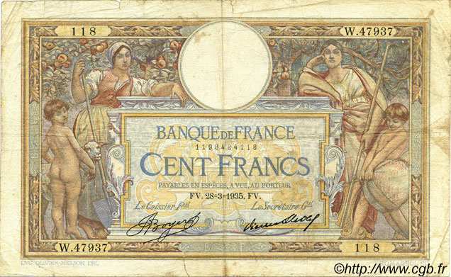 100 Francs LUC OLIVIER MERSON grands cartouches FRANCE  1935 F.24.14 B