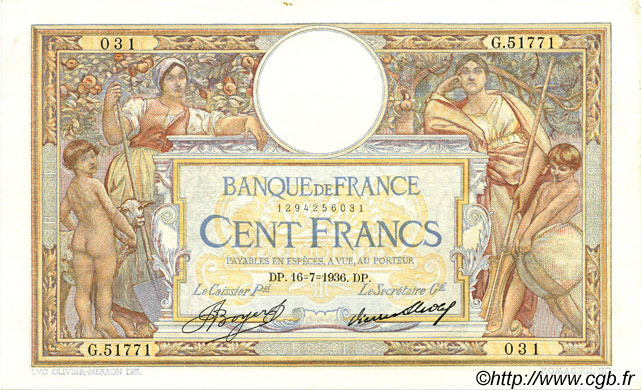 100 Francs LUC OLIVIER MERSON grands cartouches FRANCE  1936 F.24.15 SUP