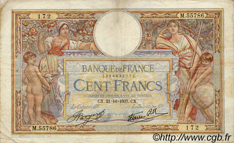 100 Francs LUC OLIVIER MERSON type modifié FRANCE  1937 F.25.03 B à TB
