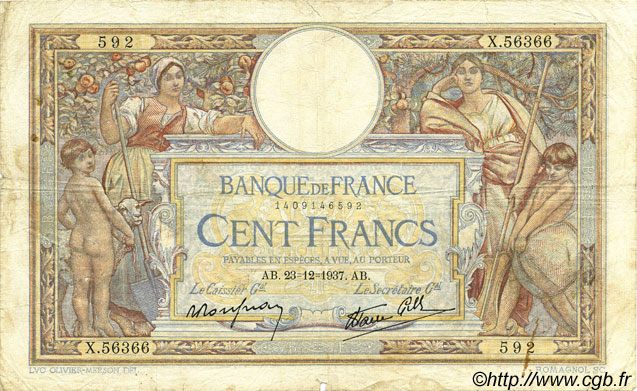 100 Francs LUC OLIVIER MERSON type modifié FRANCE  1937 F.25.06 B+