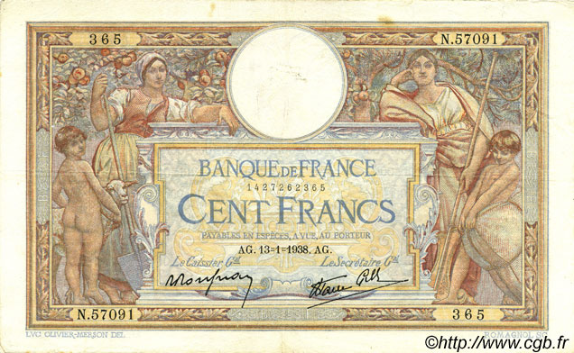 100 Francs LUC OLIVIER MERSON type modifié FRANCE  1938 F.25.08 TTB
