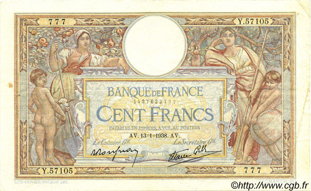 100 Francs LUC OLIVIER MERSON type modifié FRANCE  1938 F.25.08 TTB+