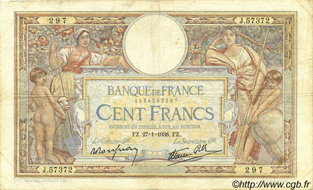 100 Francs LUC OLIVIER MERSON type modifié FRANCE  1938 F.25.09 B