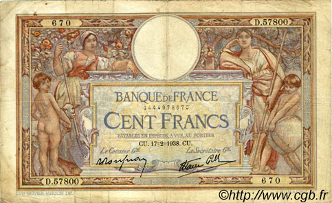 100 Francs LUC OLIVIER MERSON type modifié FRANCE  1938 F.25.11 B