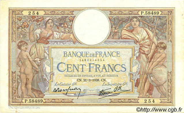 100 Francs LUC OLIVIER MERSON type modifié FRANCE  1938 F.25.14 TTB