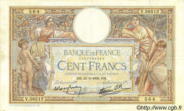 100 Francs LUC OLIVIER MERSON type modifié FRANCE  1938 F.25.14 TTB+