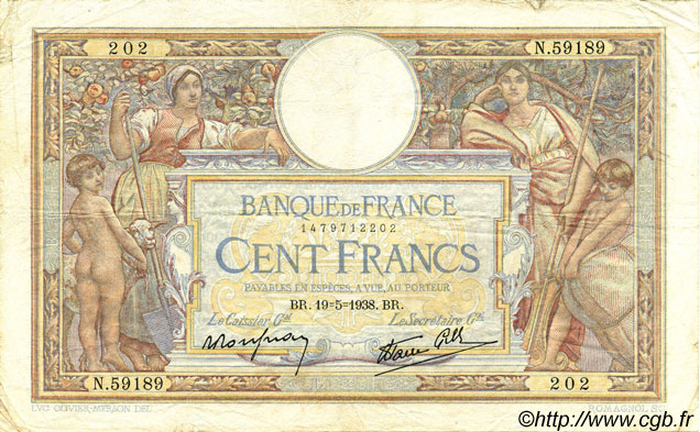 100 Francs LUC OLIVIER MERSON type modifié FRANCE  1938 F.25.19 TB+