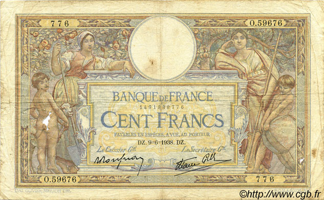 100 Francs LUC OLIVIER MERSON type modifié FRANCE  1938 F.25.22 B