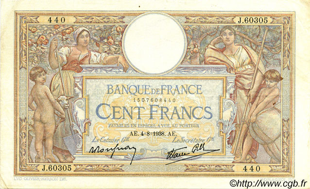 100 Francs LUC OLIVIER MERSON type modifié FRANCE  1938 F.25.27 TTB+