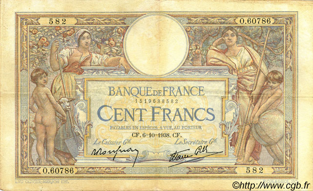 100 Francs LUC OLIVIER MERSON type modifié FRANCE  1938 F.25.30 TB+