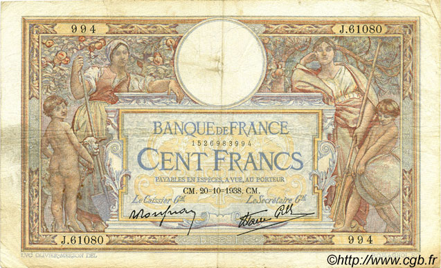 100 Francs LUC OLIVIER MERSON type modifié FRANCE  1938 F.25.32 TB+