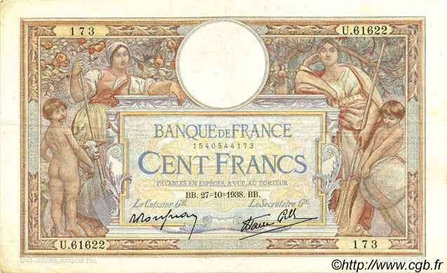 100 Francs LUC OLIVIER MERSON type modifié FRANCE  1938 F.25.33 TTB