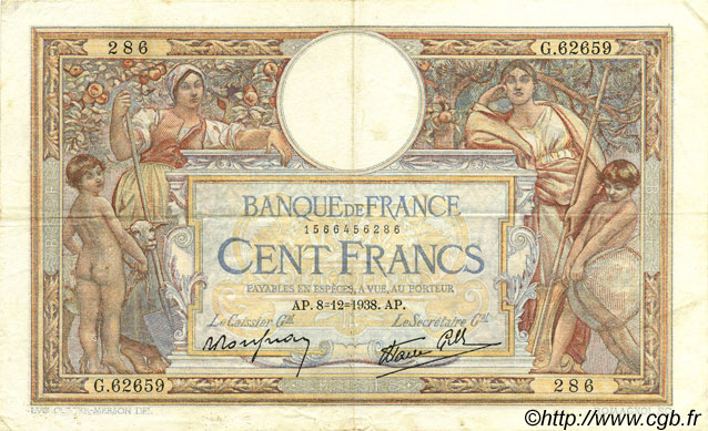 100 Francs LUC OLIVIER MERSON type modifié FRANCE  1938 F.25.36 TTB