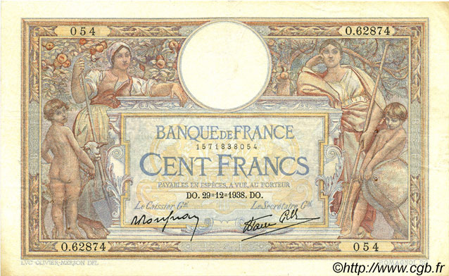 100 Francs LUC OLIVIER MERSON type modifié FRANCE  1938 F.25.37 TTB+