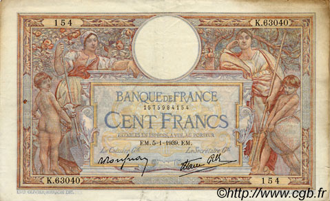 100 Francs LUC OLIVIER MERSON type modifié FRANCE  1939 F.25.38 pr.TTB