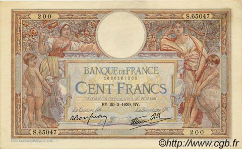 100 Francs LUC OLIVIER MERSON type modifié FRANCE  1939 F.25.44 SUP à SPL