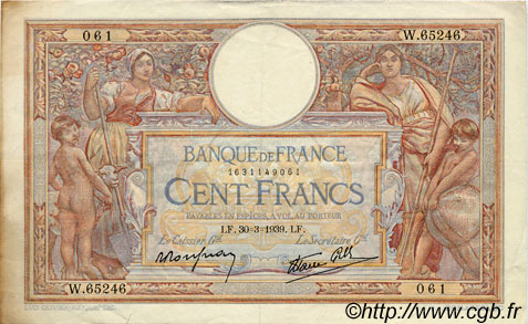 100 Francs LUC OLIVIER MERSON type modifié FRANCE  1939 F.25.44 TTB+