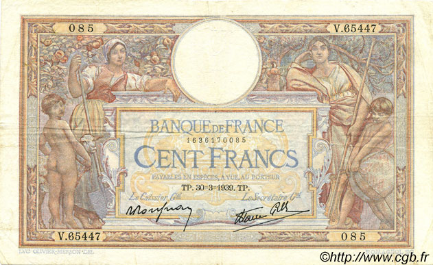 100 Francs LUC OLIVIER MERSON type modifié FRANCE  1939 F.25.44 TB+