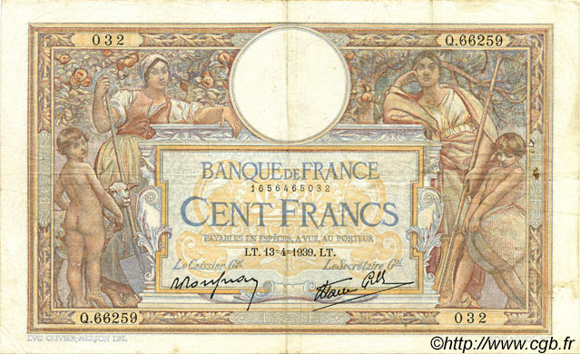 100 Francs LUC OLIVIER MERSON type modifié FRANCE  1939 F.25.46 pr.TTB