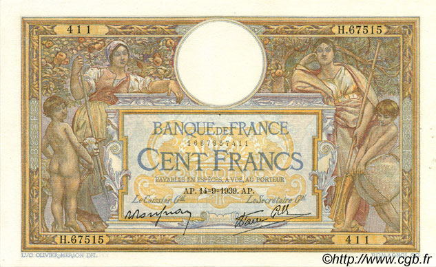 100 Francs LUC OLIVIER MERSON type modifié FRANCE  1939 F.25.49 SUP+