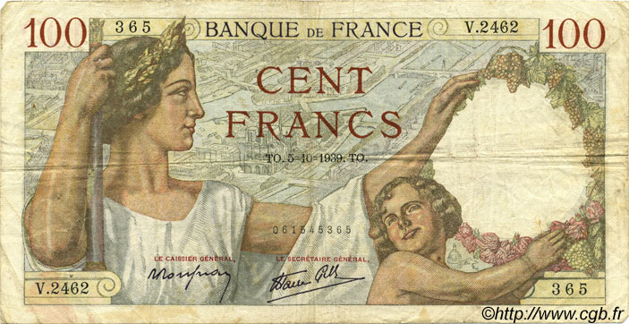 100 Francs SULLY FRANCE  1939 F.26.09 TB+