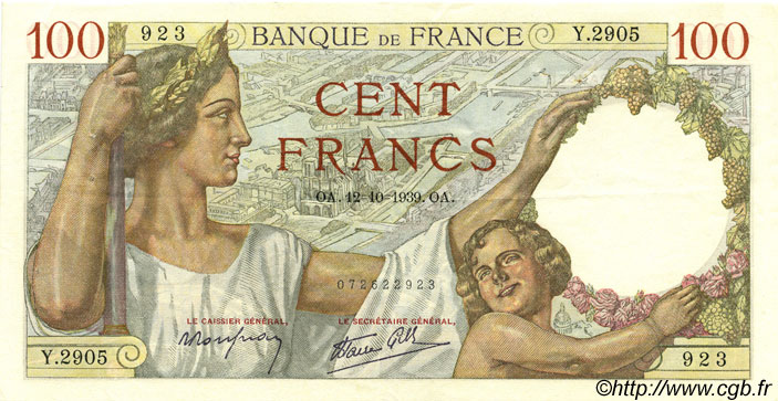 100 Francs SULLY FRANCE  1939 F.26.10 pr.SUP