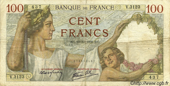 100 Francs SULLY FRANCE  1939 F.26.11 TB