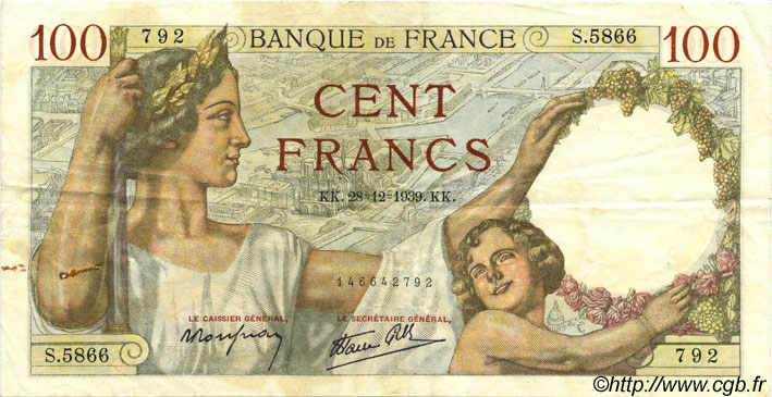 100 Francs SULLY FRANCE  1939 F.26.19 TTB
