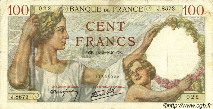 100 Francs SULLY FRANCE  1940 F.26.25 TTB