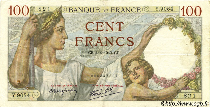 100 Francs SULLY FRANCE  1940 F.26.26 TTB