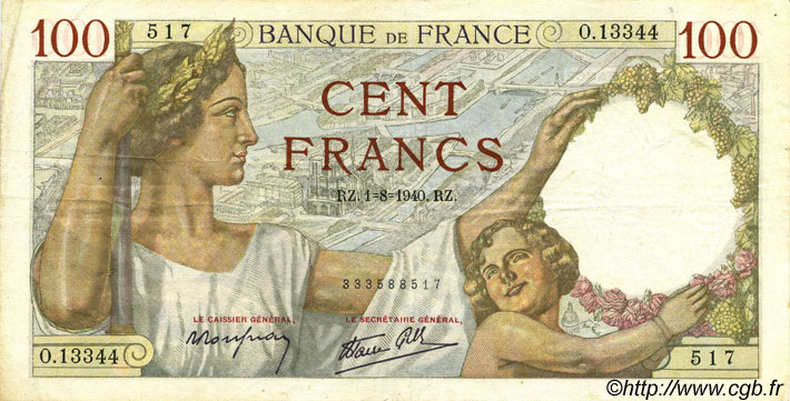 100 Francs SULLY FRANCE  1940 F.26.34 TTB