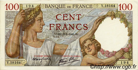 100 Francs SULLY FRANCE  1941 F.26.44 SUP à SPL