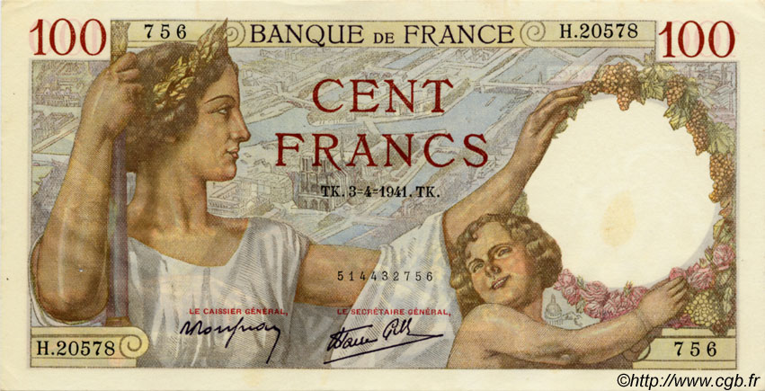 100 Francs SULLY FRANCE  1941 F.26.49 SUP+